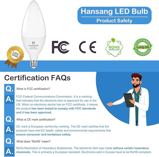Candelabra LED Bulbs,60 Watt Equivalent,6000K Cool Daylight,Type B Light Bulb,Pack of 8,E12 Small Base,Non-Dimmable,Decorative Chandelier Bulb