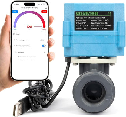 U.S. Solid WiFi Smart Motorized Ball Valve 3/4 inch NPT for Water Control & Irrigation, 2 Way PVC Electric Valve, USB Powered, LED Status Indicator, Flow Direction Window, Remote On/Off Control