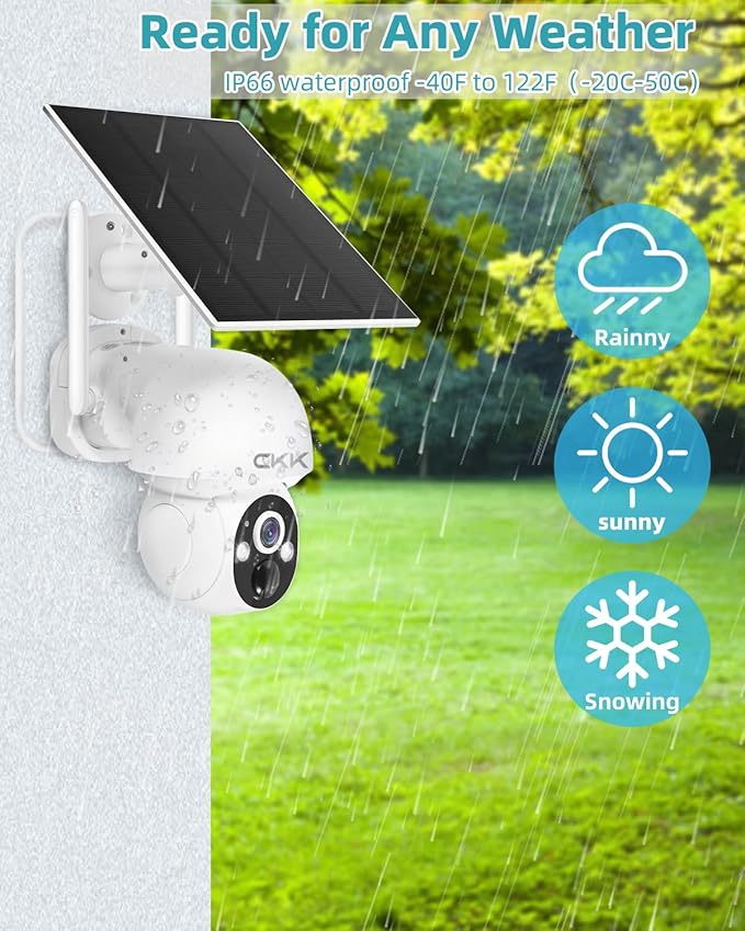 CKK 3K Solar Security Camera Wireless Outdoor, 360 Degree PTZ, PIR Motion Detection, Color Night Vision, 2-Way Talk, IP66 Waterproof, Audible & Floodlight Alarm for Home, Garage and Yard