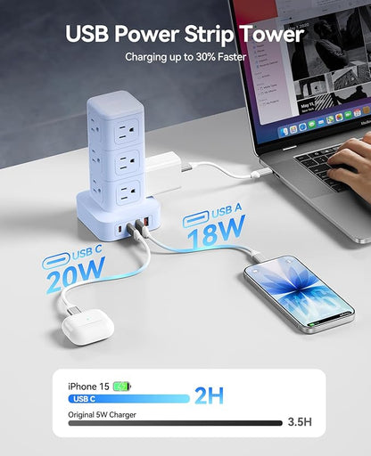 ORICO Power Strip Tower with Multiple Outlets, Tower Extension Cord with 12 AC Outlets 4 USB Ports (2 USB C), Space Saving Design, 5FT Cord Power Tower for Home, Office, Dorm - TPP20