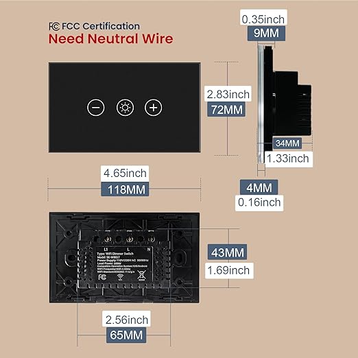 Smart Dimmer Switch 4.65 X 2.83 X 1.34 Inches,Neutral Wire Required,2.4GHz WiFi Dimmer Light Switch,Tempered Glass Panel,Work with Tuya/Smart Life,Black WiFi Dimmer