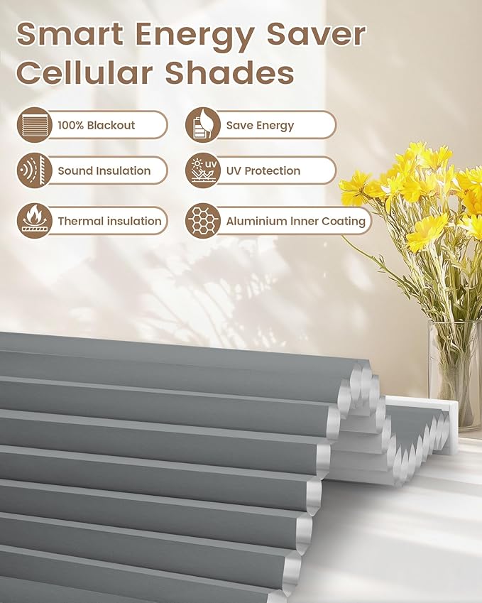 Kincmo Motorized Cellular Shades, Custom Motorized Blinds with Remote, Cordless Smart Electric Honeycomb Blinds Work with Apple HomeKit, Alexa, Google (100%-Blackout-Single-Cell Dark Grey)