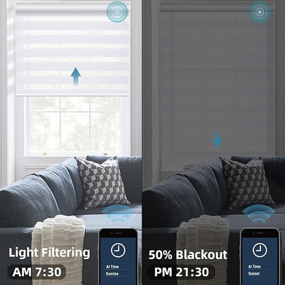 SmartWings Motorized Zebra Shades Work with HomeKit, Alexa, Google Home, 60% Blackout Light Filtering Day Night Sheer Blinds, Privacy Light Control, for Home/Office, Customized, White