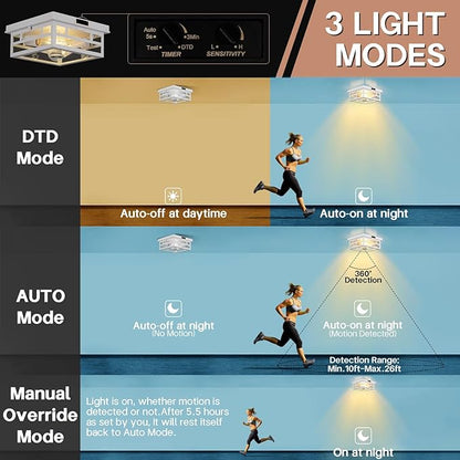 CALOKES Outdoor Flush Mount Motion Sensor White Ceiling Light - Timeless Industrial Design with Seeded Clear Glass for Your Porch, Driveway, Covered Patio, Farmhouse, and Entryway