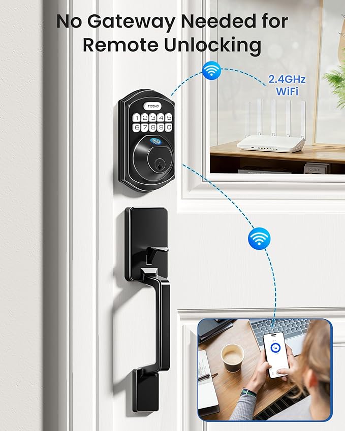 TEEHO TE012W-H WiFi Keypad Door Lock with Handle Set, Fingerprint Smart Locks, Front Door Keyless Entry, APP Remote & Voice Control, Digital Deadbolt with 2 Keys, Auto-Lock, Easy Install, Matte Black