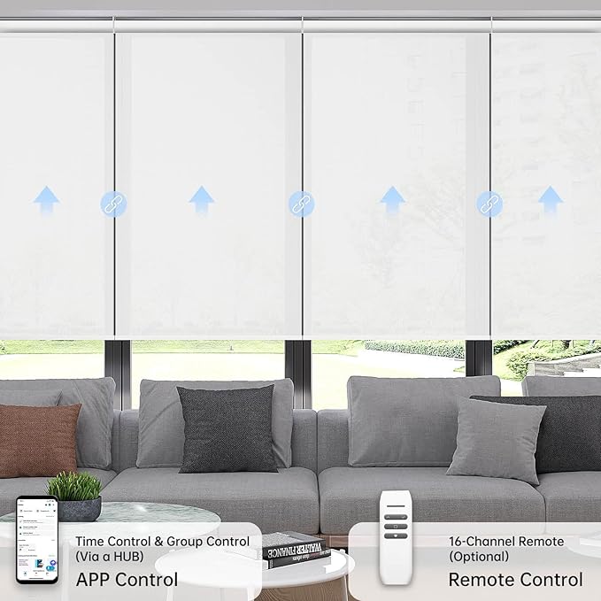 Motorized Coupled Shades, Falme Resistant Smart Solar Shades for Large Windows Automatic Blinds Compatible with Alexa, Electric Roller Blinds Customized for Home Office(3% Openness White)