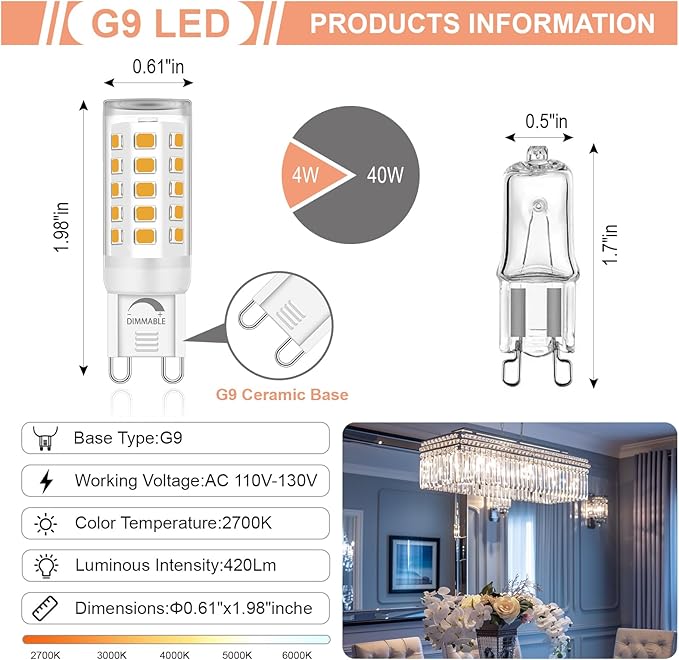 G9 LED Bulb Dimmable 2700K Warm White, T4 4W Replacement for 40 Watts Halogen, Flicker-Free, Ceramic Bi-pin Base, GU9 Light Bulbs for Chandeliers & Lamps, 8 Pack