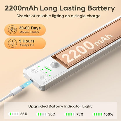 14.7 Inch Under Cabinet Lighting, 6 Color Temps Motion Sensor Light Indoor, LED Power Display Rechargeable Battery Operated Closet Light, Magnetic Dimmable Under Counter Lights for Kitchen-2 Pack