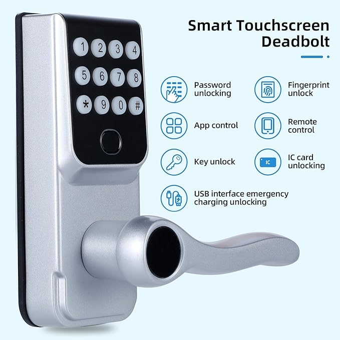 Keyless-Entry Fingerprint Smart Door Lock: LORVIBO Digital Electronic Lock with Code Passcode, Electric Door Knob, Biometric Door Handle, Perfect for Exterior/Interior/Entry/Bedroom Doors (Silver)