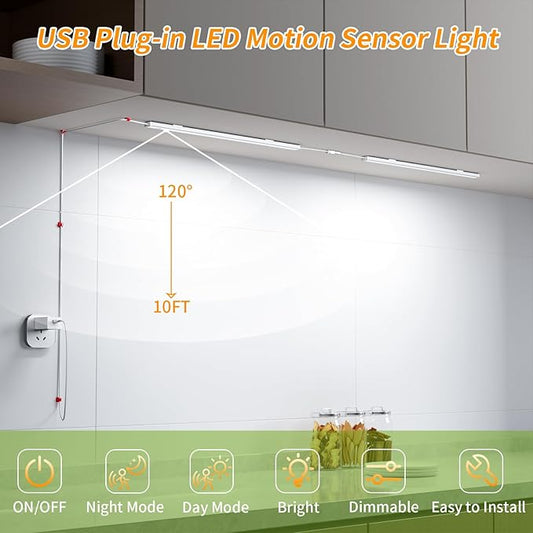 14" Slim USB Plug-in LED Motion Sensor Light Indoor, Bright & Dimmable Under Cabinet Light - 3 Modes (ON/Night/Day) for Kitchen, Cabinet, Closet - 4000K Neutral White, 1 Pack (2 Linkable)