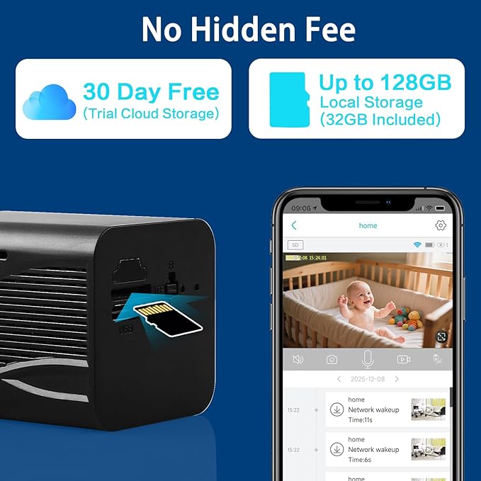 Indoor Camera Wireless Battery Powered, 32GB SD Card, Long Battery Life, 2K Tiny Camera, 2.4Ghz WiFi Cameras for Home Security, 150°Remote Viewing, Night Vision, Motion Detection