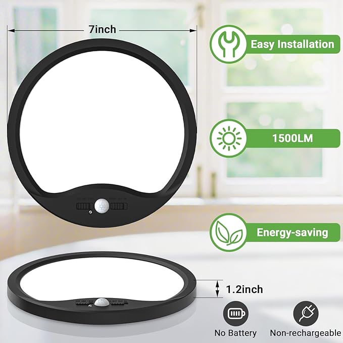 zemty 4Pack 7inch Motion Sensor Ceiling Lights Wired, 15W 1500lm 3CCT/3 Mode/30-120s Timer, Bright Black LED Flush Mount Light Fixture Motion Activated for Closet Pantry Hallways Stairwells Garage