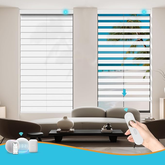 Motorized Zebra Blinds with Remote, Work with HomeKit Alexa, Smart Light Filtering Horizontal Automatic Electric Window Shades for Home Office Customsize（90% Blackout Pearl White）