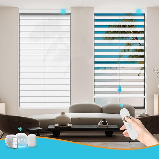 Motorized Zebra Blinds with Remote, Work with HomeKit Alexa, Smart Light Filtering Horizontal Automatic Electric Window Shades for Home Office Customsize（90% Blackout Pearl White）