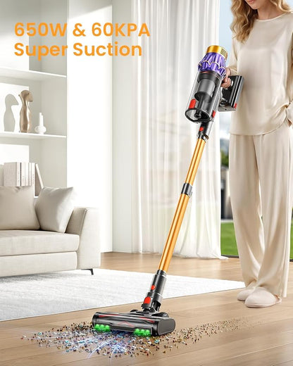 Cordless Vacuum Cleaner, 650W/60KPA/70 Mins Vacuum Cleaners for Home with Self-Standing, Anti-Tangle Vacuum Cordless, Smart Display and 1.8L Cup Cordless Stick Vacuum Cleaner for Pet Hair/Carpets