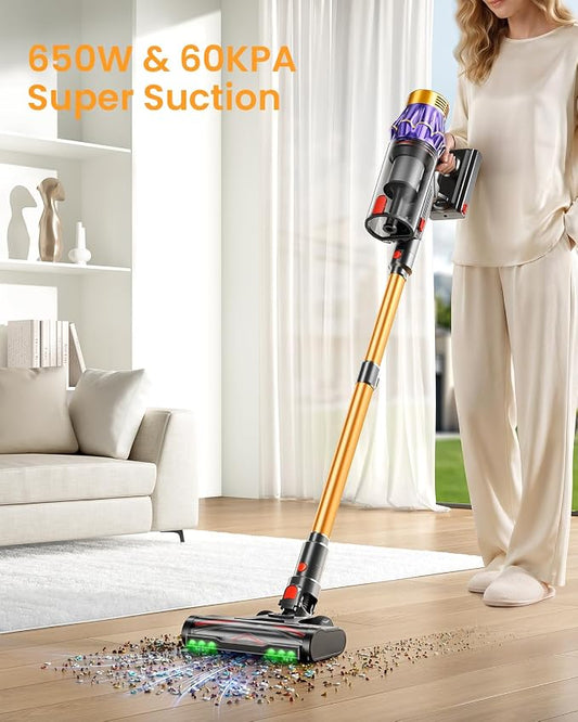 Cordless Vacuum Cleaner, 650W/60KPA/70 Mins Vacuum Cleaners for Home with Self-Standing, Anti-Tangle Vacuum Cordless, Smart Display and 1.8L Cup Cordless Stick Vacuum Cleaner for Pet Hair/Carpets