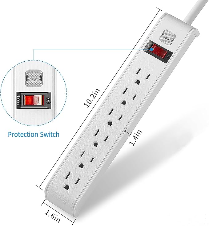 TiFFCOFiO Surge Protector Power Strip, 6 Feet Extension Cord, 600 Joules Surge Protection, Multiple Protection 6 Outlet Strip, 14 AWG Cord, 15A/1875W, ETL Listed