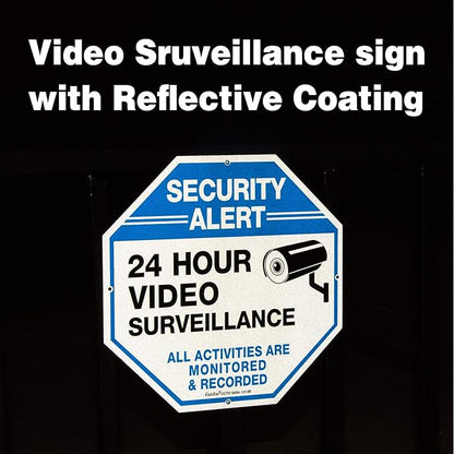 (4 Pack)"Security Alert - 24 Hour Video Surveillance, All Activities Monitored" Signs,10 x 10 .040 Aluminum Reflective Warning Sign for Home Business CCTV Security Camera, Indoor or Outdoor Use,Blue