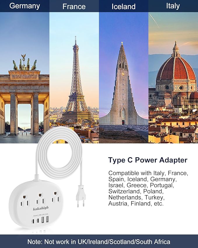 European Travel Plug Adapter, European Extension Cord 3FT