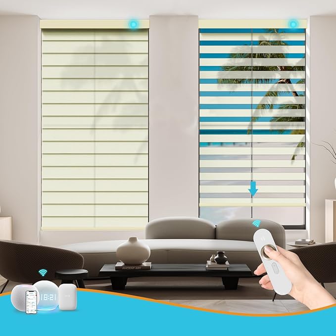 Motorized Zebra Blinds with Remote, Work with HomeKit Alexa, Smart Light Filtering Horizontal Automatic Electric Window Shades for Home Office Customsize(50% Blackout Drumbeat Beige)