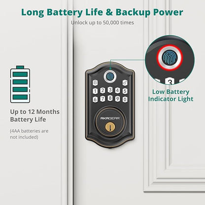 AkaGear Keyless Entry Door Lock with Fingerprint - Door Locks with 2 Keys, Electronic Keypad Deadbolt, Smart Door Locks, Smart Locks for Front Door, Auto-Lock & One Touch Locking - Oil Rubbed Bronze
