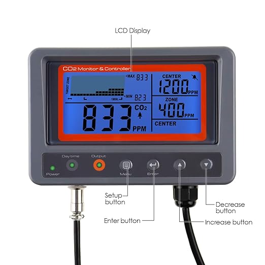 CO2 Controller Carbon Dioxide Controller CO2 Meter Monitor with Relay Function 4.5m Cable NDIR Carbon Dioxide Sensor Probe for Grow Room, Plant, Grow Tent, Greenhouse, Garden, Indoor