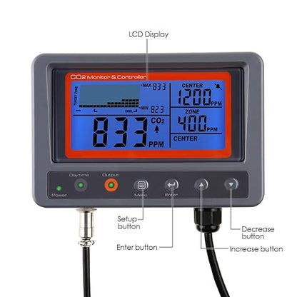 CO2 Controller Carbon Dioxide Controller CO2 Meter Monitor with Relay Function 4.5m Cable NDIR Carbon Dioxide Sensor Probe for Grow Room, Plant, Grow Tent, Greenhouse, Garden, Indoor