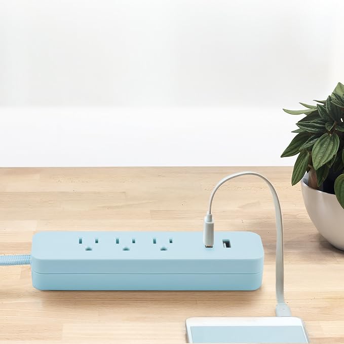 Globe Electric 78255 Designer Series 6ft 3-Outlet USB Surge Protector Power Strip, 2X USB Ports, Surge Protector, Mint Finish
