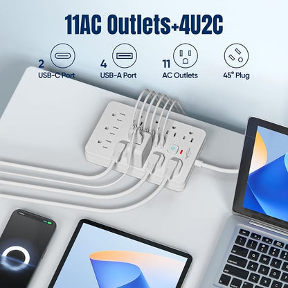 JouleLoom 17-in-1 Surge Protector Power Strip, 10FT Flat Plug Cord, 11 AC Outlets +6 USB Ports (2 Type-C), 10A/1250W, Single Touch On/Off Switch,White