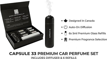 Car Perfume Diffuser, (UPGADED) Air freshener, Waterless Diffuser, Smart Ultrasonic Air Freshener with 6 Premium Fragrances, Automatic (On/Off), Car Gift for Men and Women (Black)