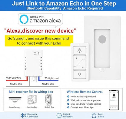 Nexete Smart Wireless Light Switch, Dimmer Switch & Receiver Kit No Wiring Wireless Remote Control,Remote & Voice Control,Bluetooth Work with Amazon Alexa Only, ETL Certified (1 Switch & 1 Receiver)