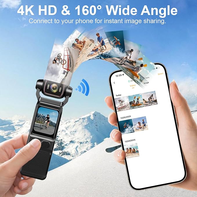 4K Vlogging Camera, Action Camera with Image Stabilization, Pocket Body Cam with APP Control, Handheld POV Cameras for Outdoor Sport, Travel(64GB Card)