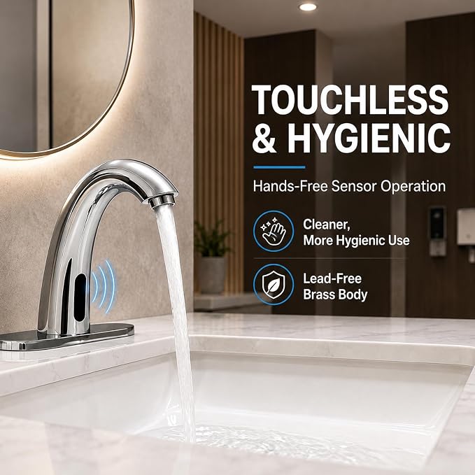 Chrome Touchless Bathroom Sink Faucet - Automatic Sensor Faucet - Dual Power Supply 110V AC or Battery Operated for Commercial