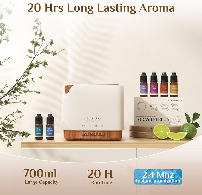 ASAKUKI Essential Oil Diffuser for Home with Top 6 Essential Oil Sets