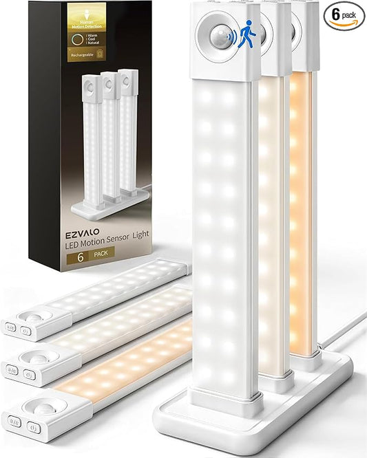 EZVALO 6 Pack 8 inch Under Cabinet Lighting with Charging Station, Rechargeable Motion Sensor Lights, Wireless Magnetic LED Closet Lights, 3 Color Temperatures, Dimmable for Kitchen, Pantry, Stair