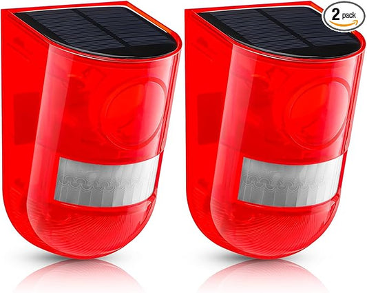 Qualirey Solar Sound and Light Alarm Motion Sensor 129db Outdoor Security Siren Waterproof Activated Detector Driveway Alarm 6 LEDs Flash Warning Deterrent Strobe System for Home, Farm(Red,2 Pack)