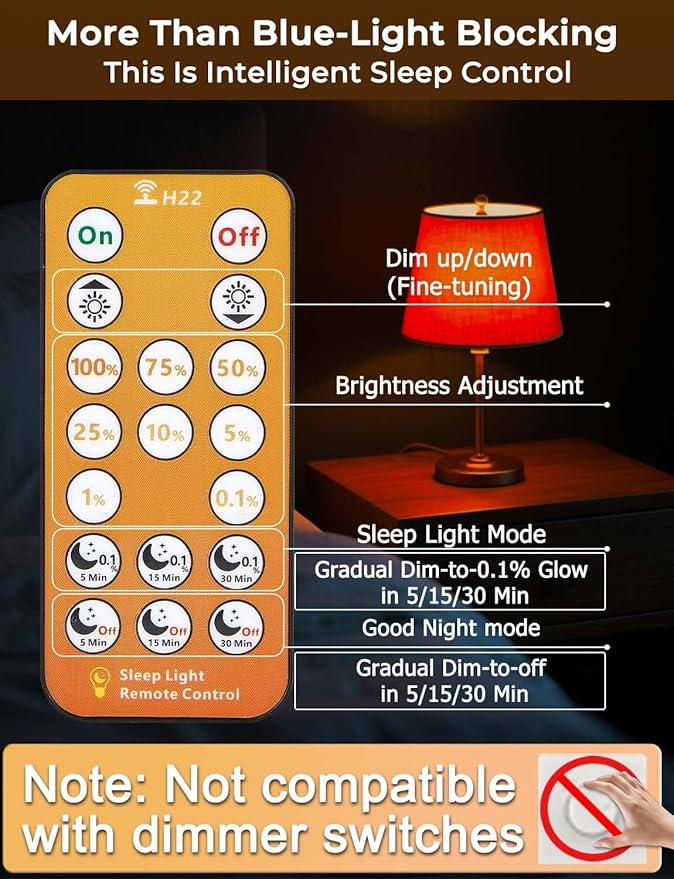 Sleep Light Bulbs Amber 1600K with Remote Control, E26 Blue Light Blocking A19, 9W for Sleep Therapy, Baby Nursery, Bedroom (6 Pack)