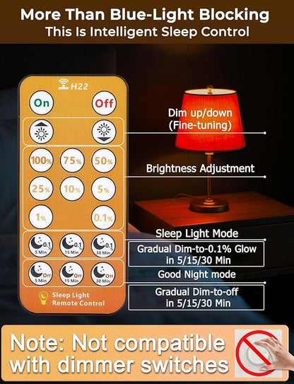 Sleep Light Bulbs Amber 1600K with Remote Control, E26 Blue Light Blocking A19, 9W for Sleep Therapy, Baby Nursery, Bedroom (6 Pack)