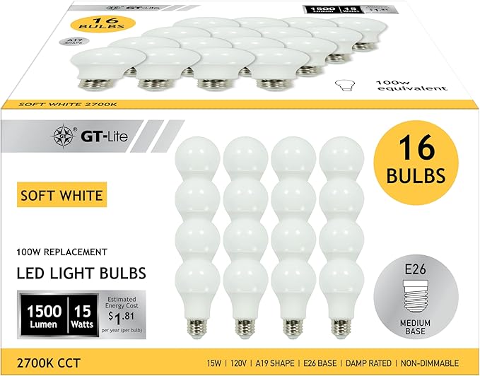 GT-Lite 16 Pack Soft White LED Light Bulbs,100 watt Equivalent,15 watt 1500LM 2700K, A19 Shape, E26 Medium Base, Standard Household Lightbulb for Lamps, Living Room, bedrooms