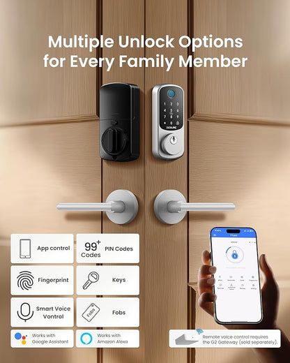DESLOC B200 Fingerprint Smart Lock with 2 Lever Handles, Keyless Entry Front Door Lock Set, Electronic Keypad Deadbolt, App Control, Auto Lock, Long Battery Life,Silver