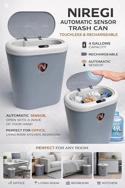 NIREGI Smart Sensor Trash Can – 4 Gallon Touchless Automatic Garbage Bin (Gris)