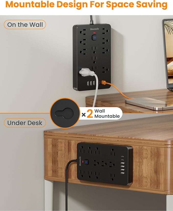 Surge Protector Power Strip - 11 Outlets(1850W/15A/14AWG) with 6 USB Ports(2 USB C), 6FT Flat Plug Extension Cord, Wall Mount, Black, ETL Listed for Home, Dorm Room