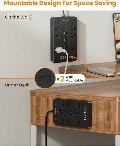 Surge Protector Power Strip - 11 Outlets(1850W/15A/14AWG) with 6 USB Ports(2 USB C), 6FT Flat Plug Extension Cord, Wall Mount, Black, ETL Listed for Home, Dorm Room