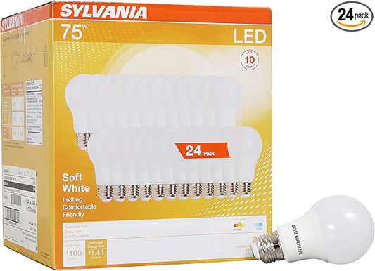Sylvania LED Light Bulb, 75W Equivalent A19, Efficient 12W, Medium Base, Frosted Finish, 1100 Lumen, Soft White - 24 Pack (41300)