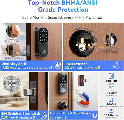 Blackview Video Smart Lock SE80, 3-in-1 3.5K Door Camera+Doorbell+Fingerprint Keyless Entry Door Lock, Smart Wi-Fi Deadbolt for Front Door, App Remote Control, No Monthly Fee, 32GB Local Storage
