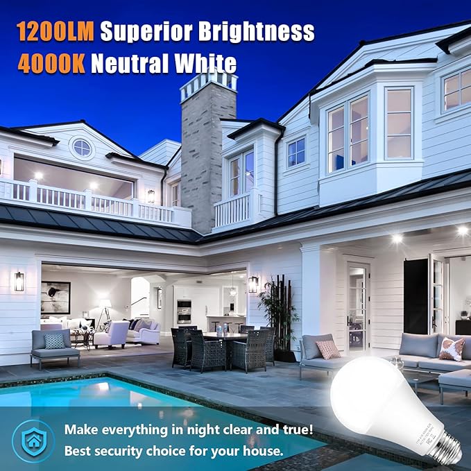 TOBUSA Dusk to Dawn Sensor Light Bulb Outdoor, A19 LED Bulbs Auto On Off 100 watt Equivalent, E26 Sensor Bulbs Neutral White 4000K, 11W 1200lm Smart Light Bulbs for Porch Garage Security, 4PACK
