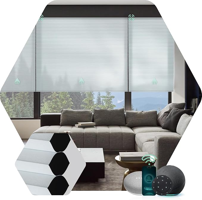 Yoolax Motorized Cellular Shades Compatible with Alexa, Room Darkening Motorized Blinds with Remote Smart Honeycomb Shades for Indoor Windows, Automatic Blinds Custom Size (Pearl)