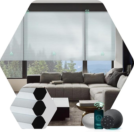 Yoolax Motorized Cellular Shades Compatible with Alexa, Room Darkening Motorized Blinds with Remote Smart Honeycomb Shades for Indoor Windows, Automatic Blinds Custom Size (Pearl)
