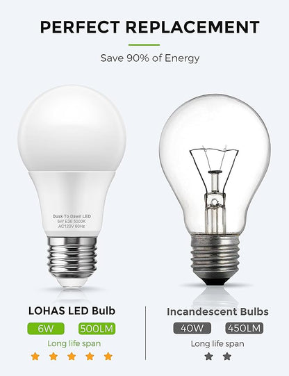 L LOHAS LED Dusk to Dawn LED Light Bulbs, 40W Equivalent LED Outdoor Lighting, Daylight 5000K, Automatic On/Off Outdoor Light, A19 6W Bright Porch Light Bulbs, 500LM E26 for Garage Patio, 4 Pack