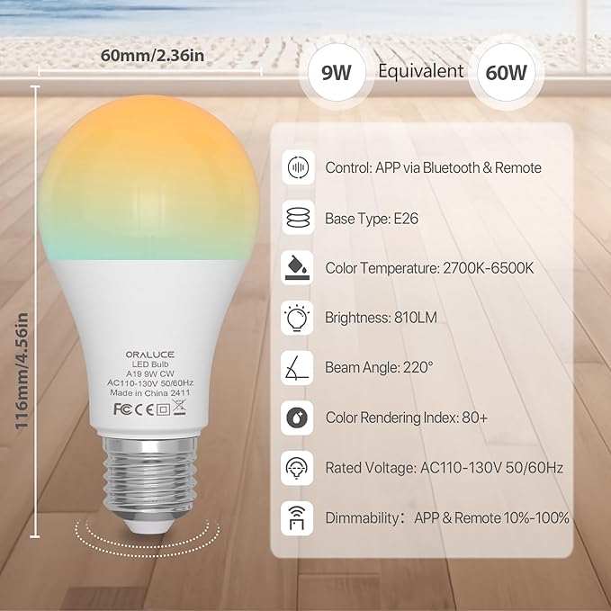 ORALUCE 丨 Bundle - LED Light Bulbs 4 Pack with Remote Control & A19 E26 Bluetooth Smart LED Light Bulb (Pack of 1)